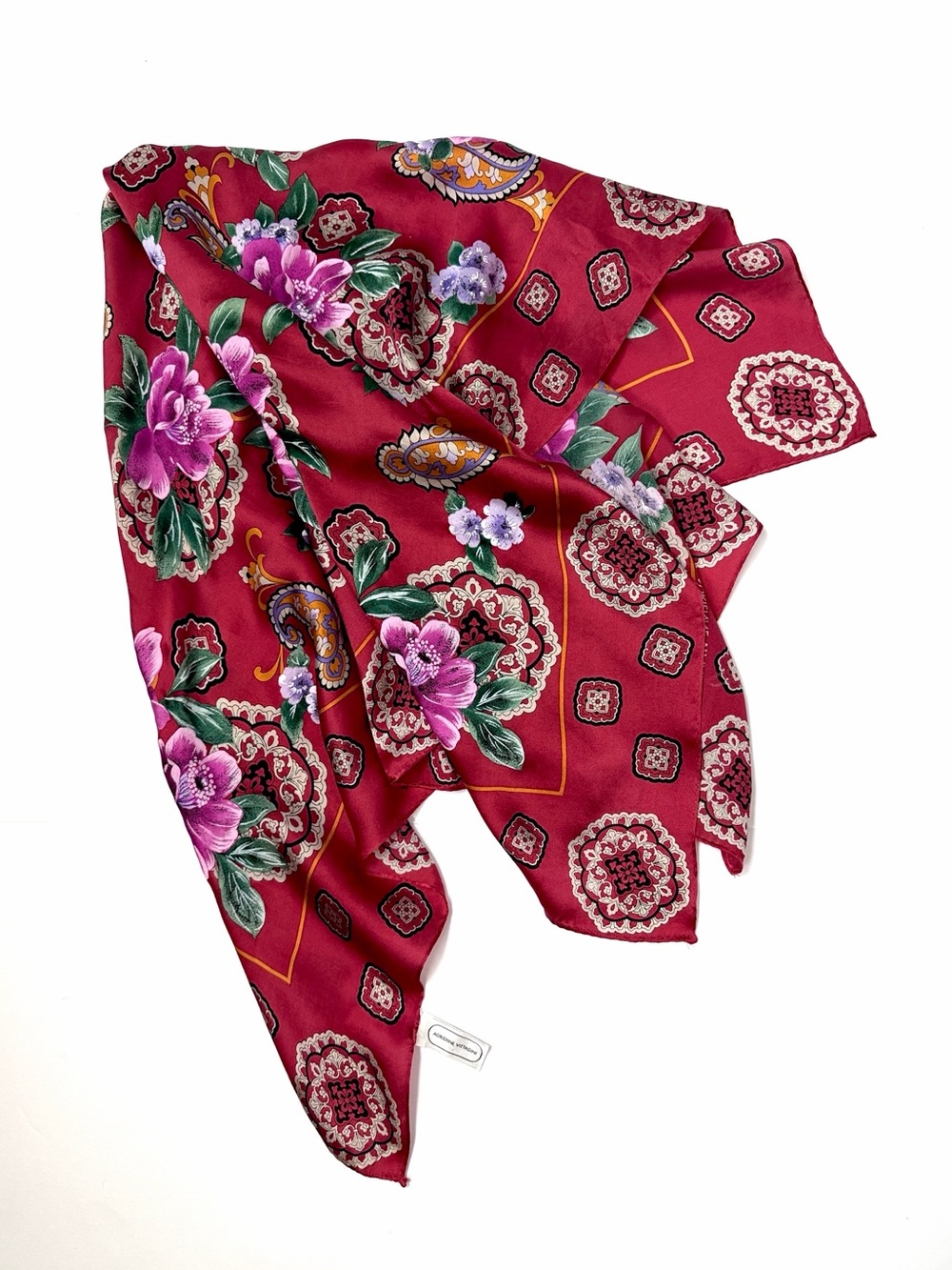 Adrienne Vittadini Silk Square Scarf Raspberry Color Floral Paisley 34x34" Japan